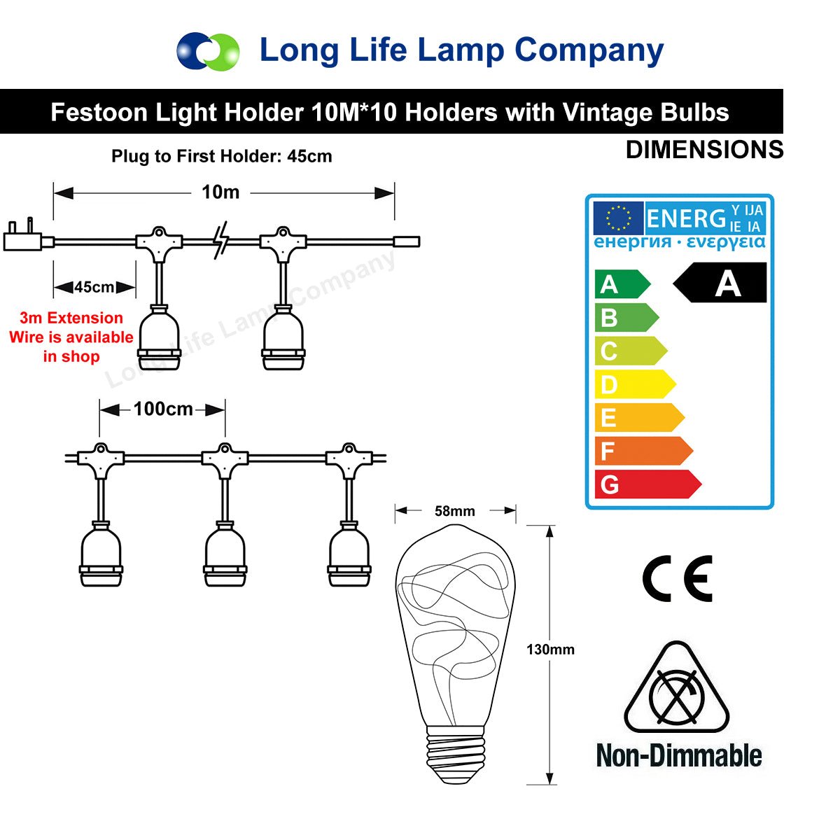 10 Bulb 10M Outdoor LED Festoon String Lights Fairy Coloured Vintage Bulbs - Energy Light Bulbs - Free delivery on all orders
