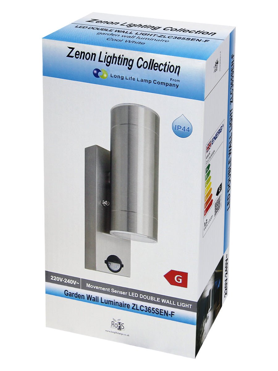 12W LED Double Outdoor Wall With PIR Movement Sensor Stainless Steel Cool White - Energy Light Bulbs - Free delivery on all orders