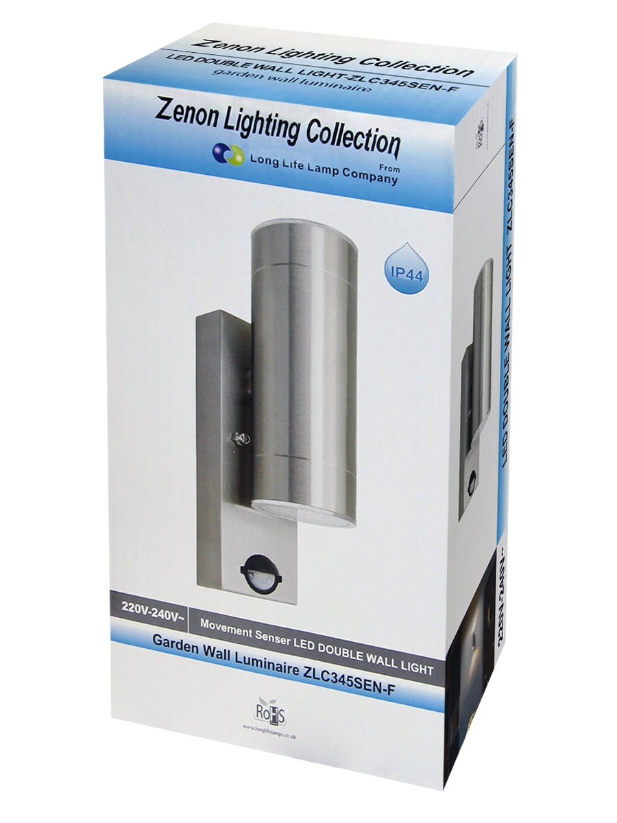 12W LED Double Outdoor Wall With PIR Movement Sensor Stainless Steel Warm White - Energy Light Bulbs - Free delivery on all orders