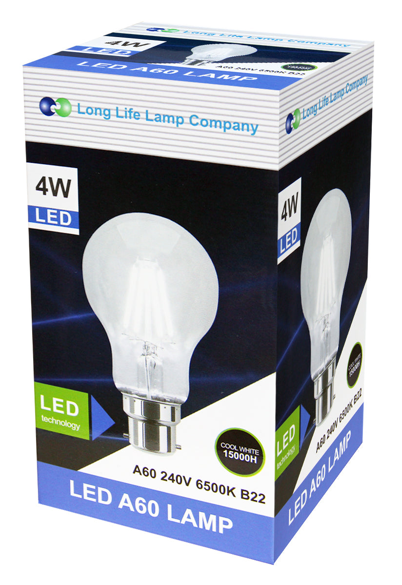 4W LED Filament Bulb B22 A60 Cool White 6500K Clear Glass - Free delivery on all orders