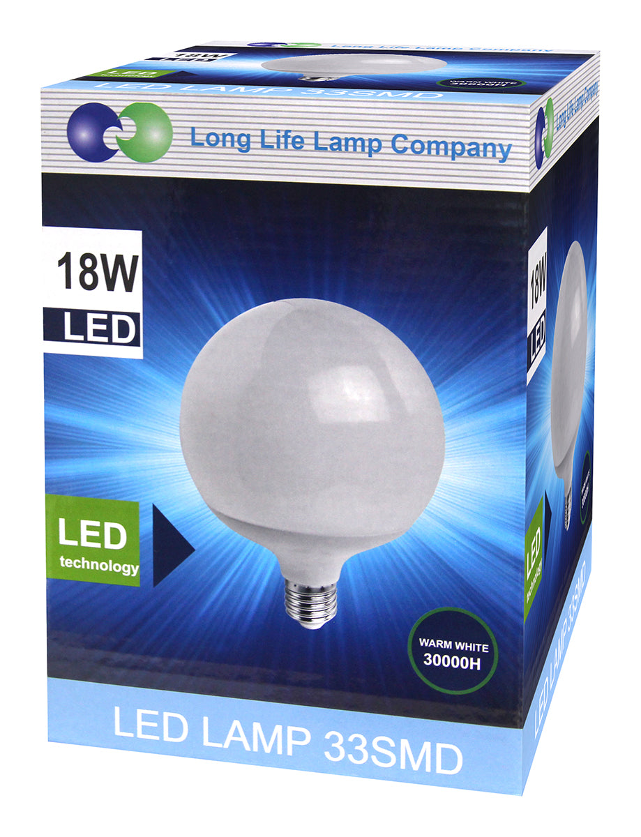 18W Round LED Globe Bulb E27 Warm White 3000K 162W Equivalent - Free delivery on all orders