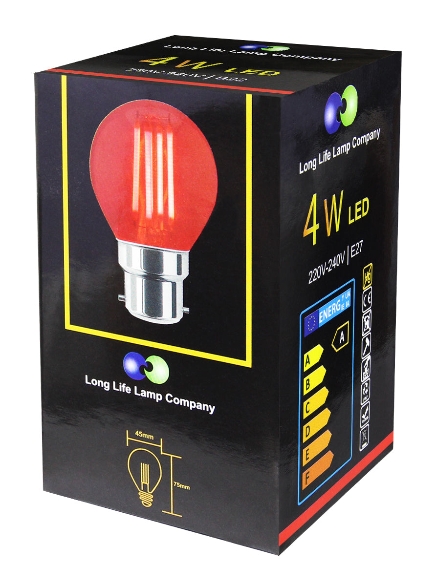 2 Pack 4W LED Red Golf Ball Bulb B22 Fire Glow Clear Glass - Free delivery on all orders