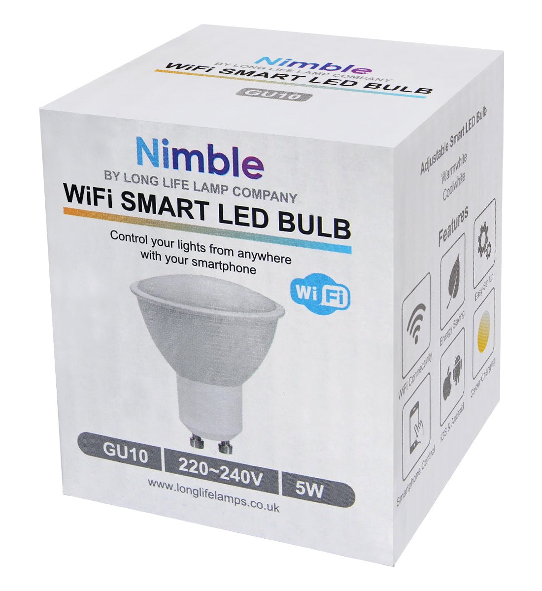 WiFi enabled GU10 smart LED bulbs with smartphone control and adjustable white lighting for every mood