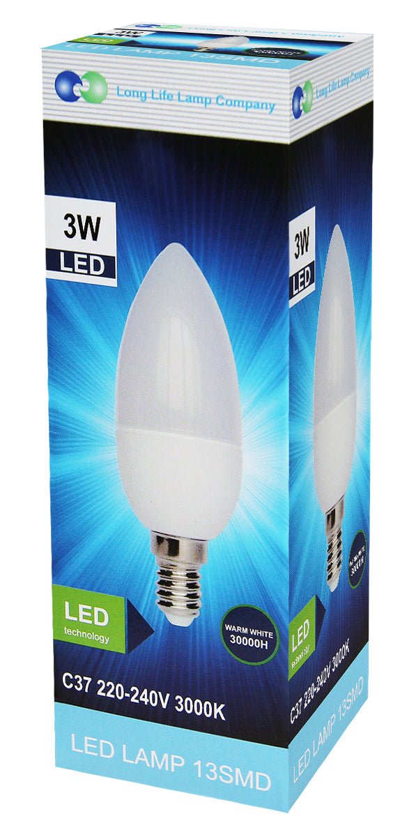 3W LED candle light bulb with frosted finish, 3000K Warm White output and B22 or E14 fitting options