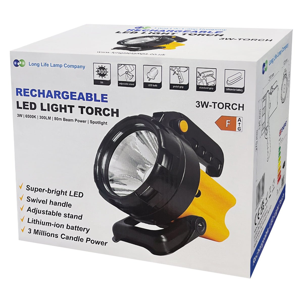 Powerful rechargeable LED spotlight for home, commercial and recreational use