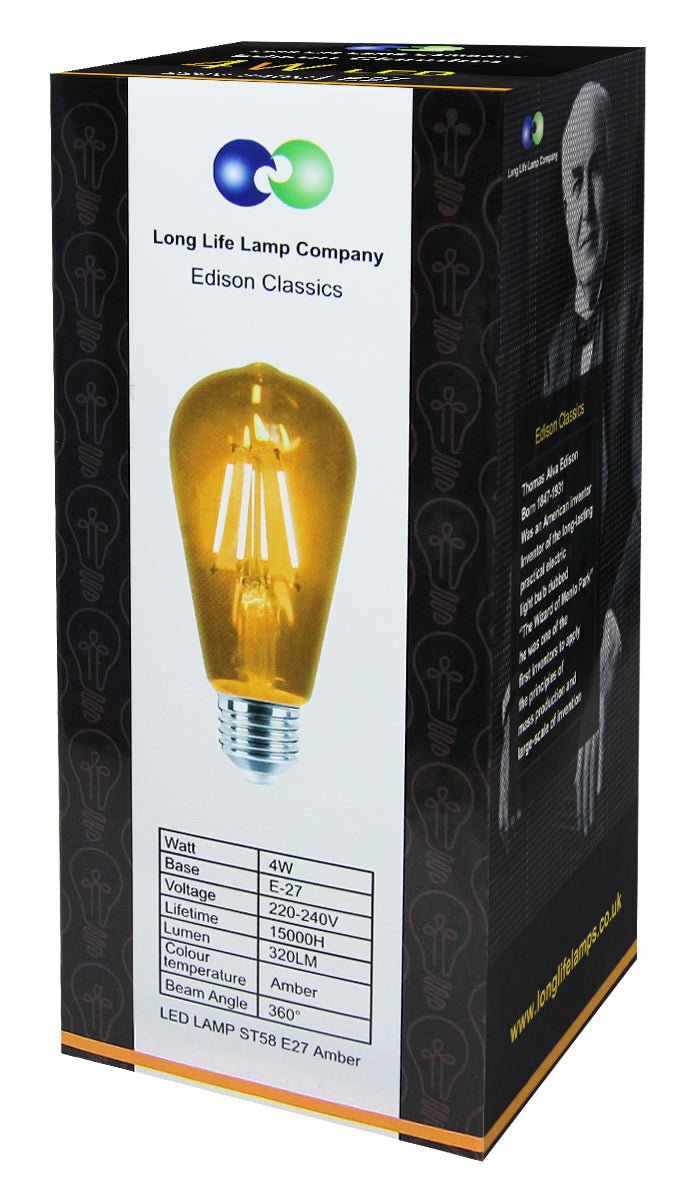 Amber ST58 LED Vintage Edison Bulb with Decorative Filament and E27 Screw Fitting for Indoor Lighting