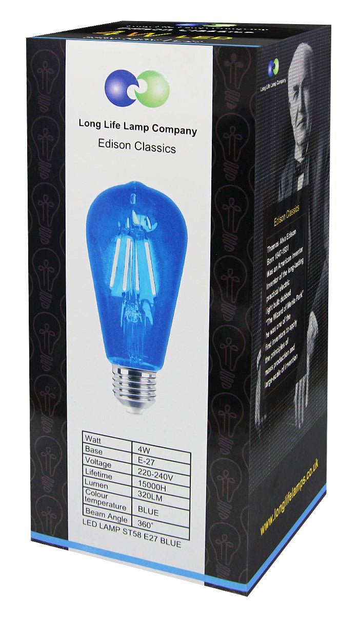 Blue ST58 LED Vintage Edison Bulb with Decorative Filament and E27 Edison Screw for Indoor Feature Lighting