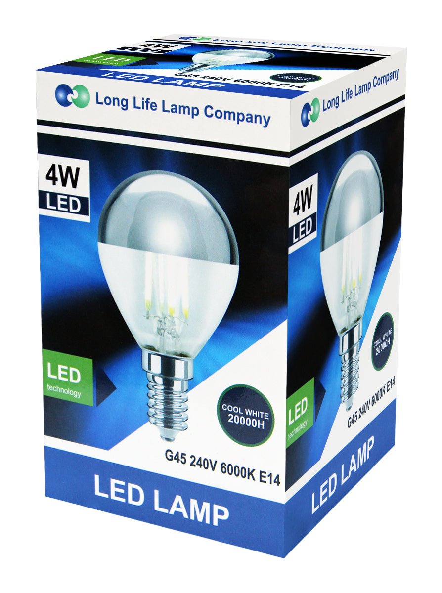 4W crown silver G45 LED light bulb with E14 SES cap and 400 lumen output for displays and wall lights