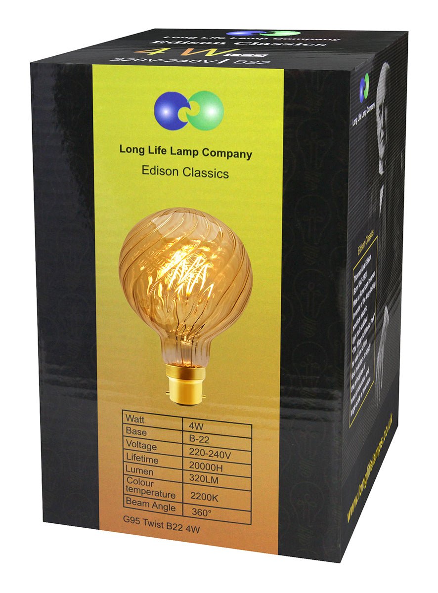 4w LED Vintage Twisted Globe Bulb Smoked Gold Glass B22 Bayonet G95 - Energy Light Bulbs - Free delivery on all orders