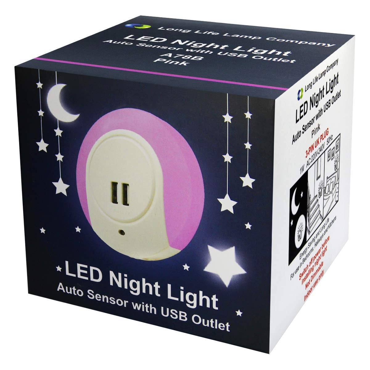 1w Pink LED Night Light 2 USB Ports Automatic Sensor Dusk To Dawn A78B - Free delivery on all orders