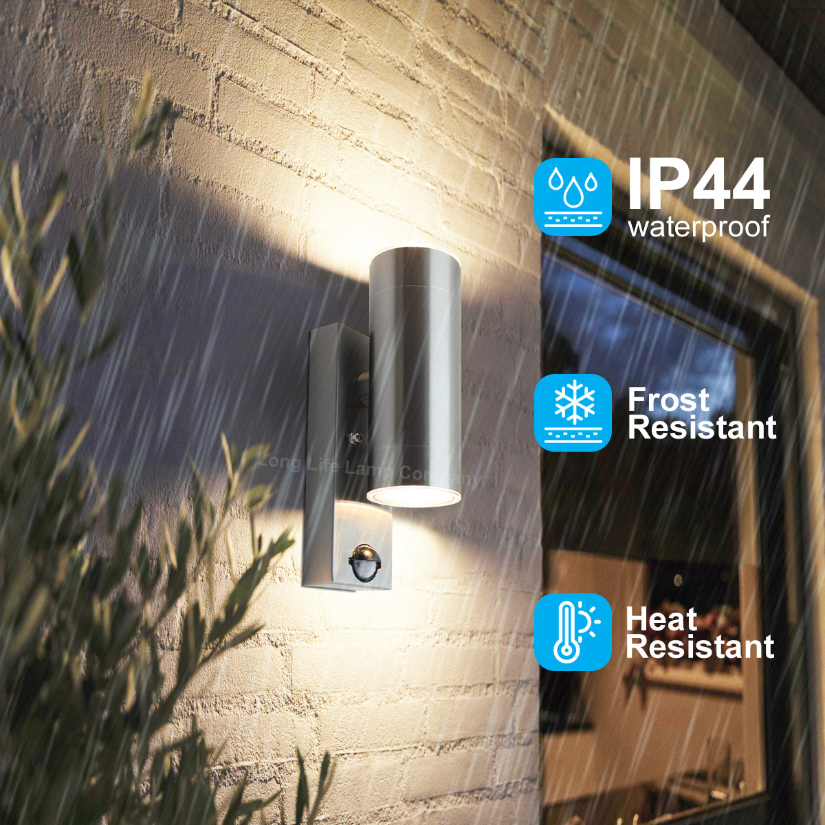 12W LED Double Outdoor Wall With PIR Movement Sensor Stainless Steel Warm White