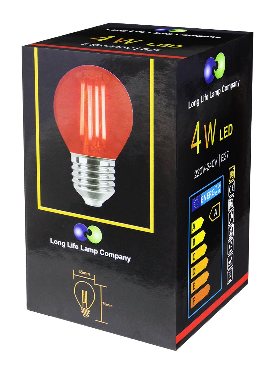 4W G45 red LED light bulb with clear glass, E27 Edison Screw fitting and non-dimmable decorative output