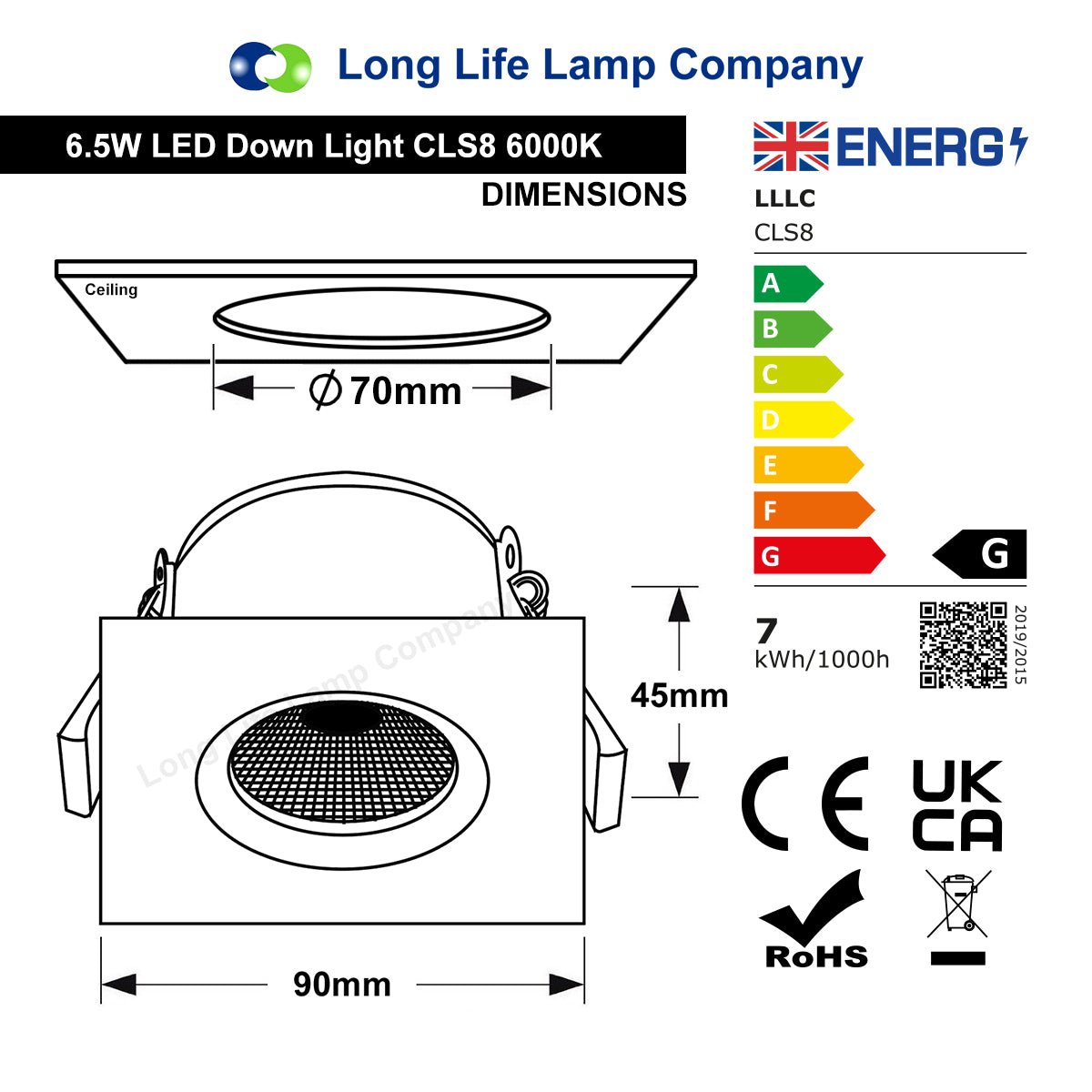Daylight White 6.5w Adjustable LED Recessed Ceiling Downlights Square CLS8 - Energy Light Bulbs - Free delivery on all orders
