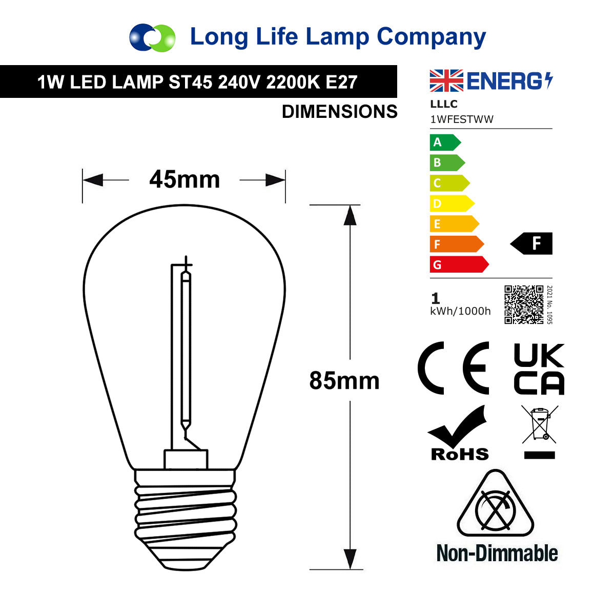 Pack of 2 LED Filament Light Bulb 1w E27 Edison Screw Warm White Decorative Festoon Lamp