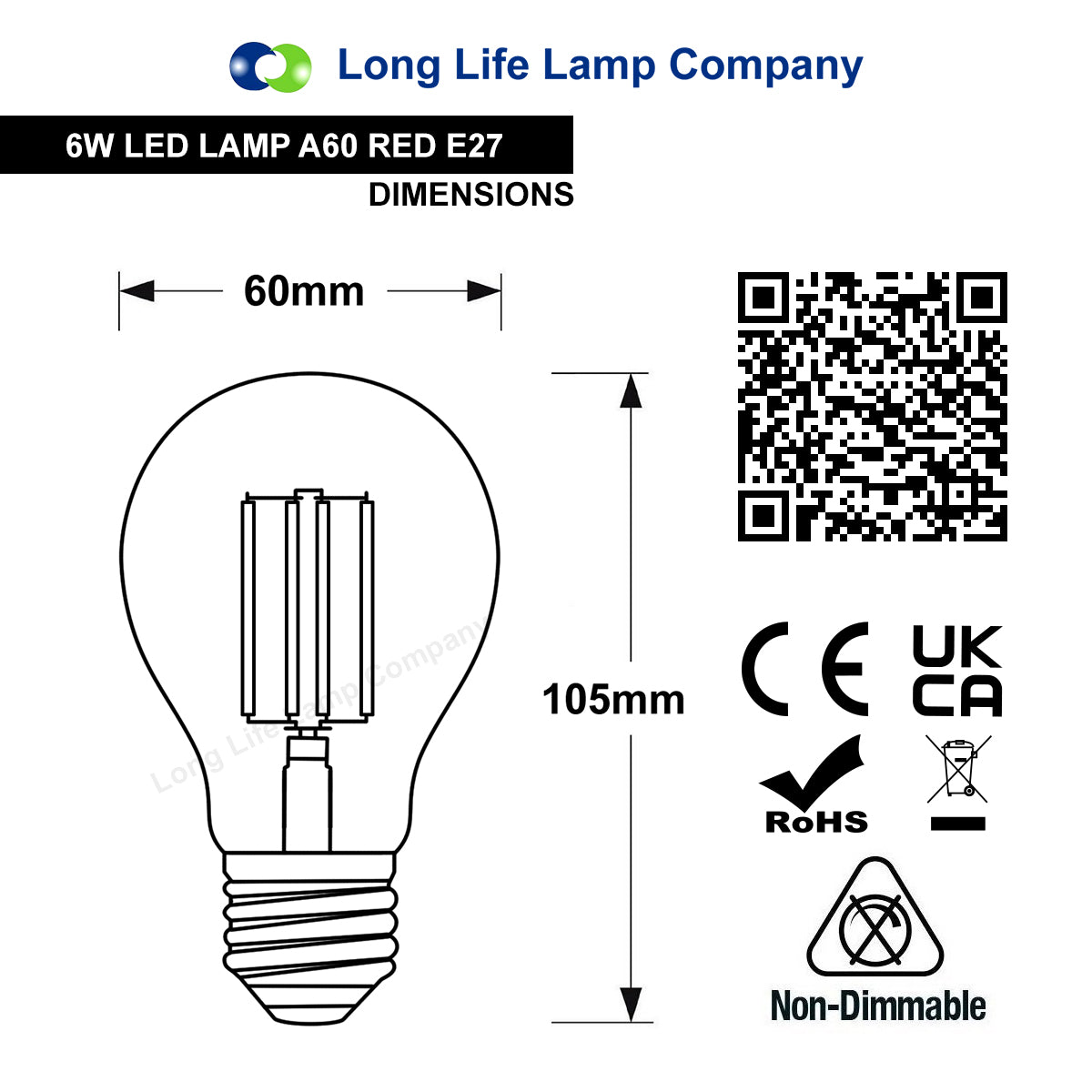 6W LED RED Light Bulb E27 Screw Cap Glass A60