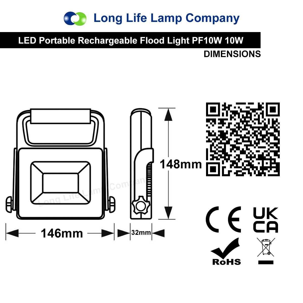 10W LED Rechargeable Work Light Portable Flood Light IP65 6000K Cool White PF10W