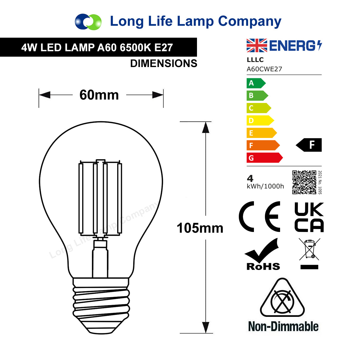 A60 4w LED Filament Light Bulb Cool White E27 Edison Screw Clear Glass