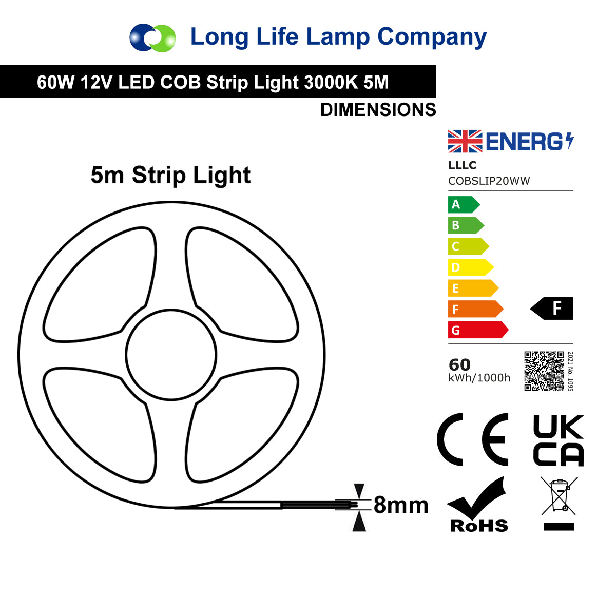 Warm White LED Tape Strip Light Continuous COB Illumination 5 Metres 12V