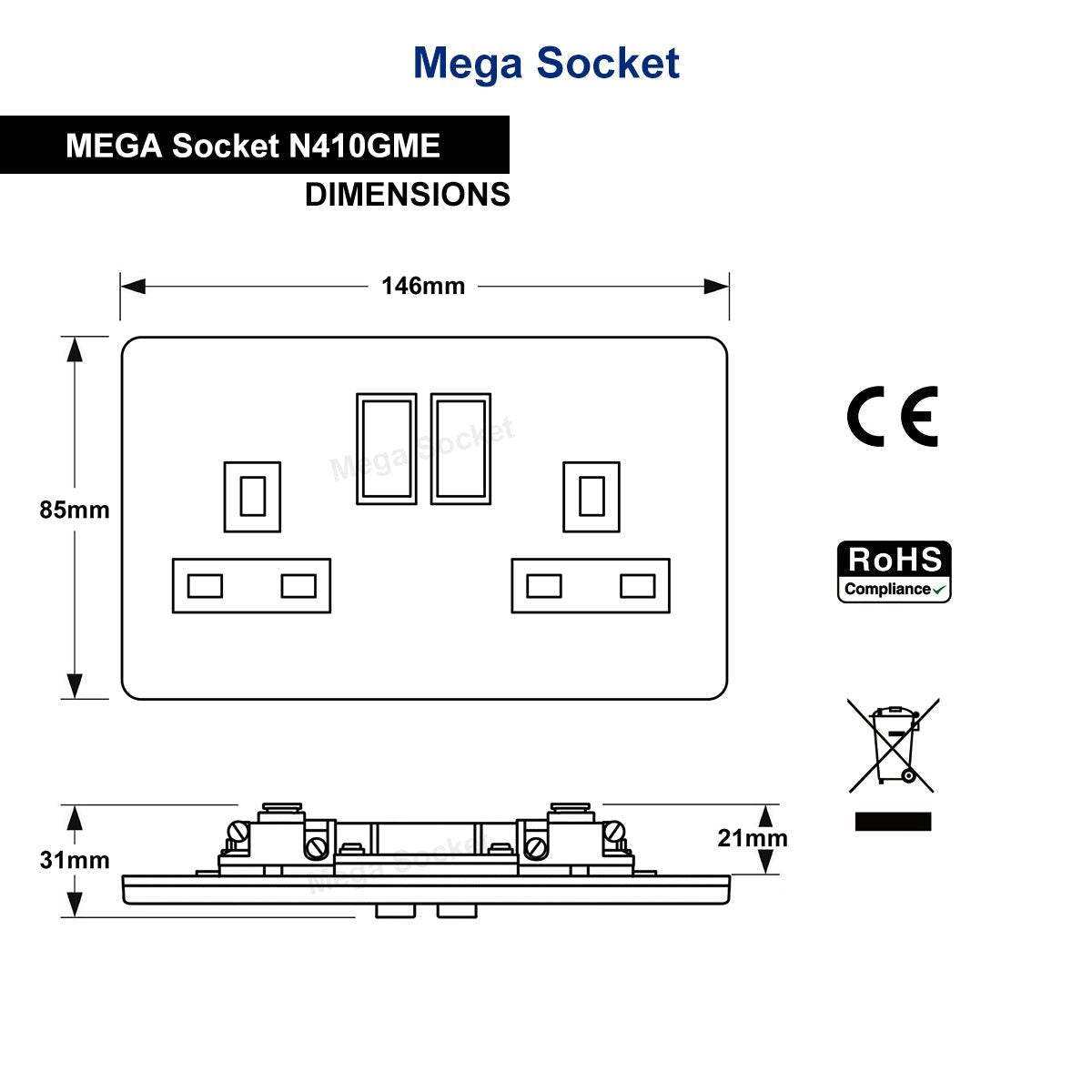 Double Wall Socket Switched Black Nickel 2 Gang Screwless 13a Double Pole - Energy Light Bulbs - Free delivery on all orders
