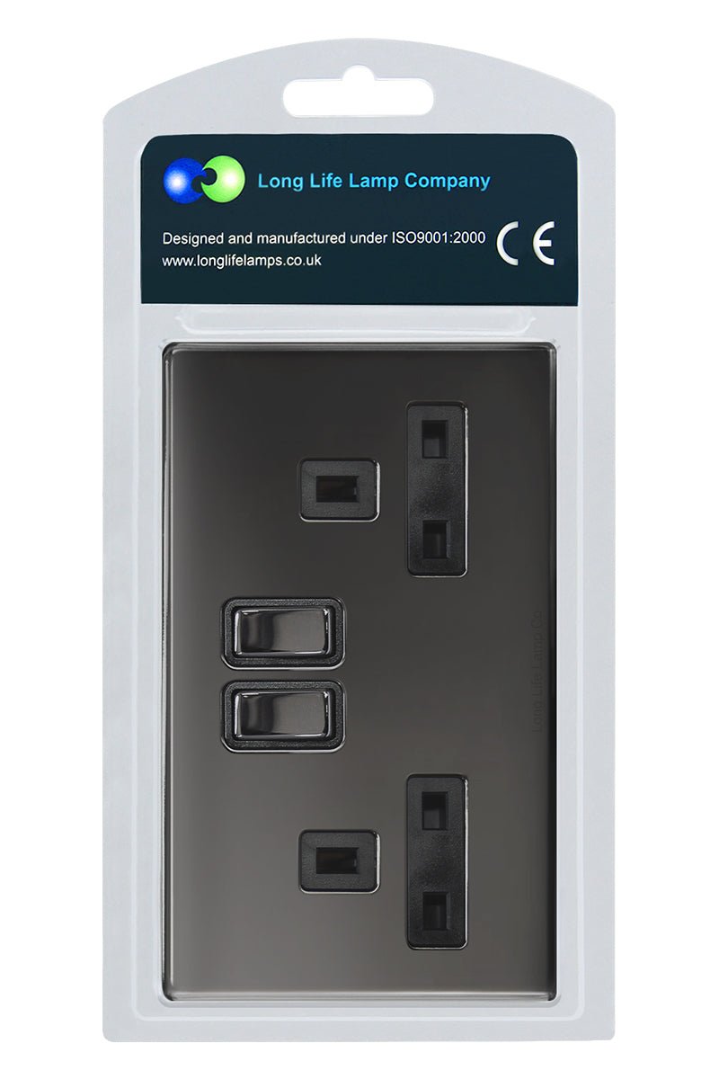 Double Wall Socket Switched Black Nickel 2 Gang Screwless 13a Double Pole - Energy Light Bulbs - Free delivery on all orders