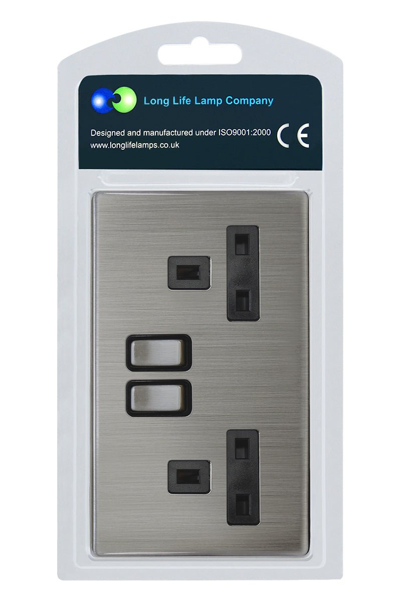 Double Wall Socket Switched Gloss Brushed Chrome 2 Gang Screwless 13a Double Pole - Energy Light Bulbs - Free delivery on all orders