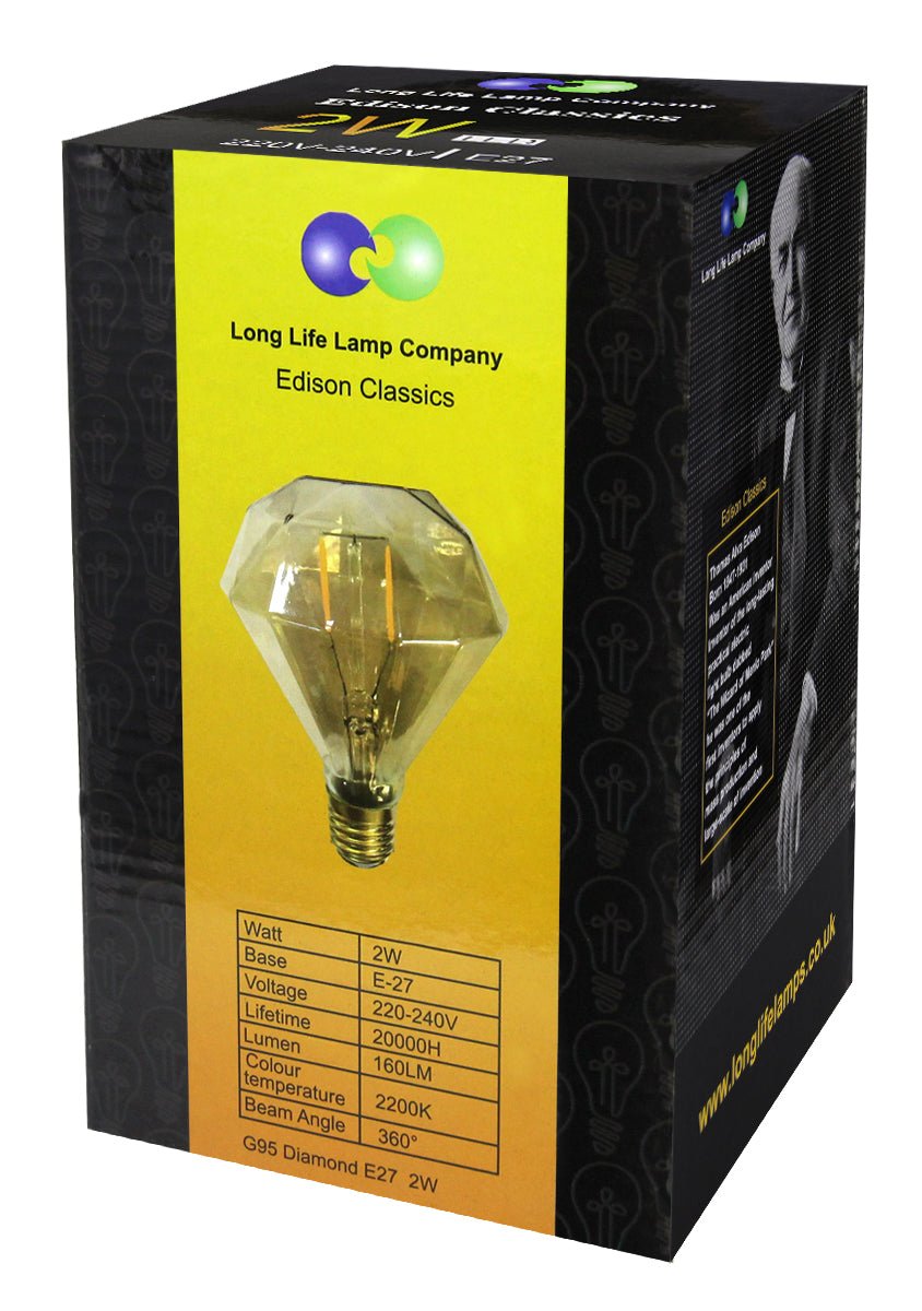 Stylish 2W vintage LED diamond bulb with smoked glass finish and E27 Edison Screw for ambient lighting