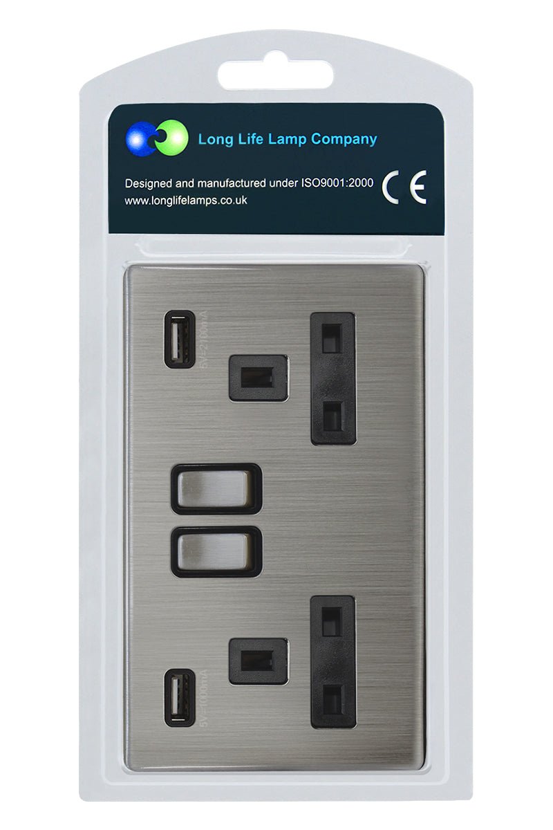 Gloss Brush Chrome USB Double Wall Plug Socket 2 Gang 13A with 2 USB Charger Port Outlets Socket Plate N776DME - Energy Light Bulbs - Free delivery on all orders