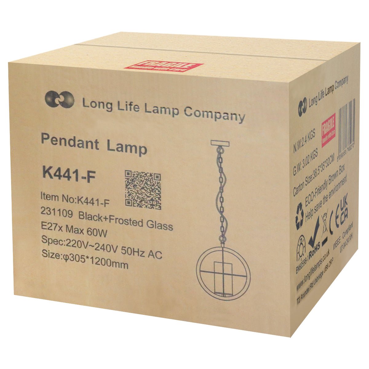 Industrial spherical black pendant light with open metal frame, E27 fitting and adjustable installation height