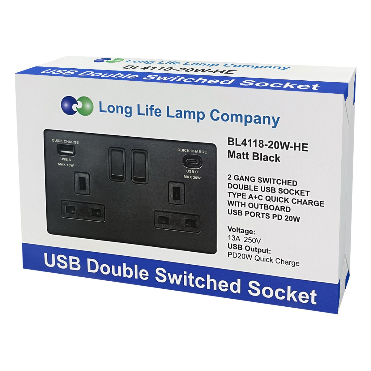 Matt Black Double 13A 2 Gang DP Switched Socket with Quick Charge Type A+Type C USB BL4118 - 20W - Energy Light Bulbs - Free delivery on all orders