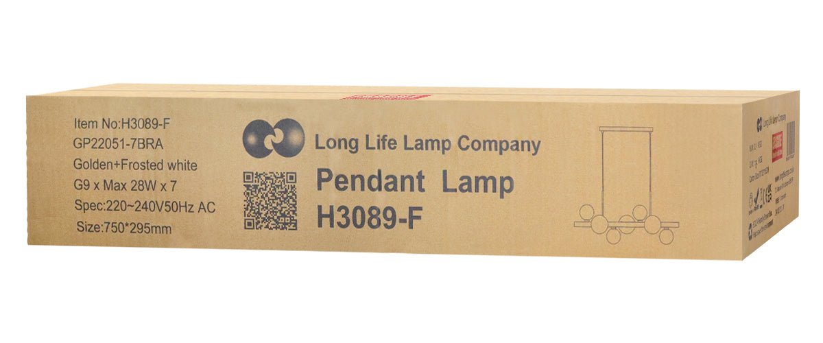 Gold 7 globe pendant light with frosted white glass shades and included G9 LED bulbs for modern interiors