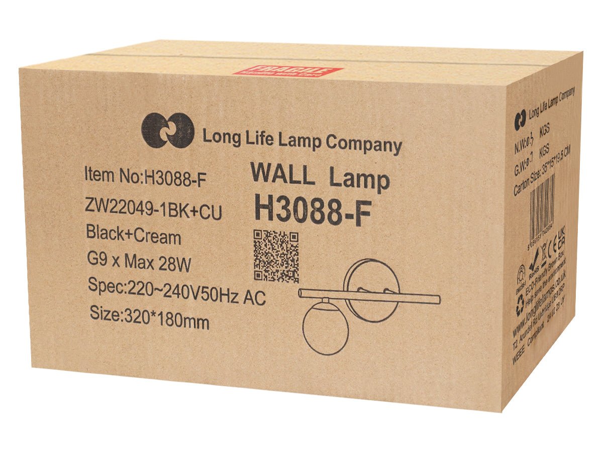 Modern Indoor Frosted Glass Globe Scone Matte Black Wall Light With LED G9 Warm White - Energy Light Bulbs - Free delivery on all orders