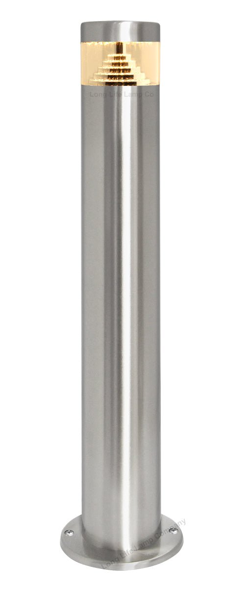 Low voltage stainless steel LED bollard light with 360 degree illumination for driveways and garden paths