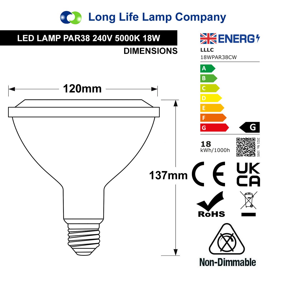 PAR38 18w Cool White 60 Degree Beam - Energy Light Bulbs - Free delivery on all orders