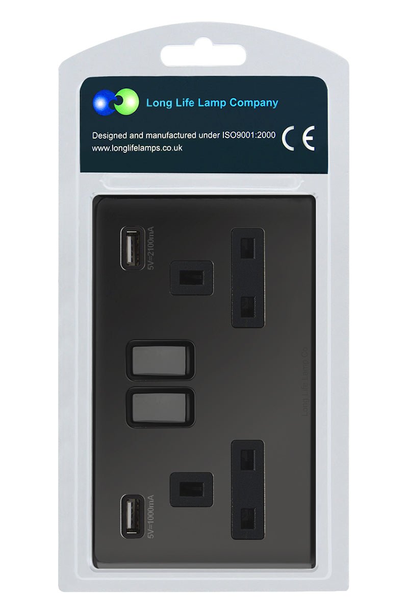 Polished Black Nickel USB Double Wall Plug Socket 2 Gang 13A with 2 USB Charger Port Outlets Plate N776GME - Energy Light Bulbs - Free delivery on all orders