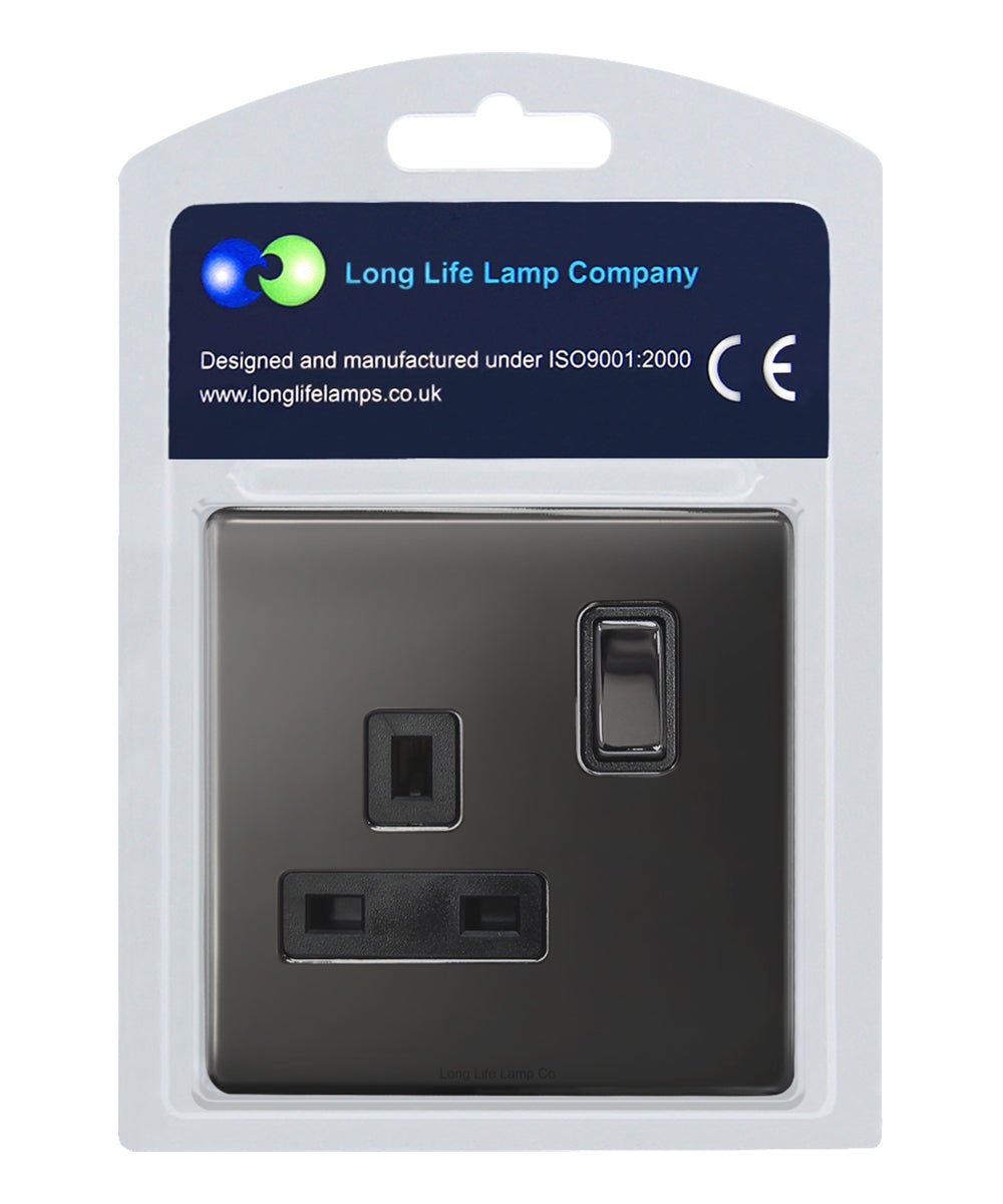 Single Wall Socket Switched Black Nickel 1 Gang Screwless 13a Single Pole - Energy Light Bulbs - Free delivery on all orders