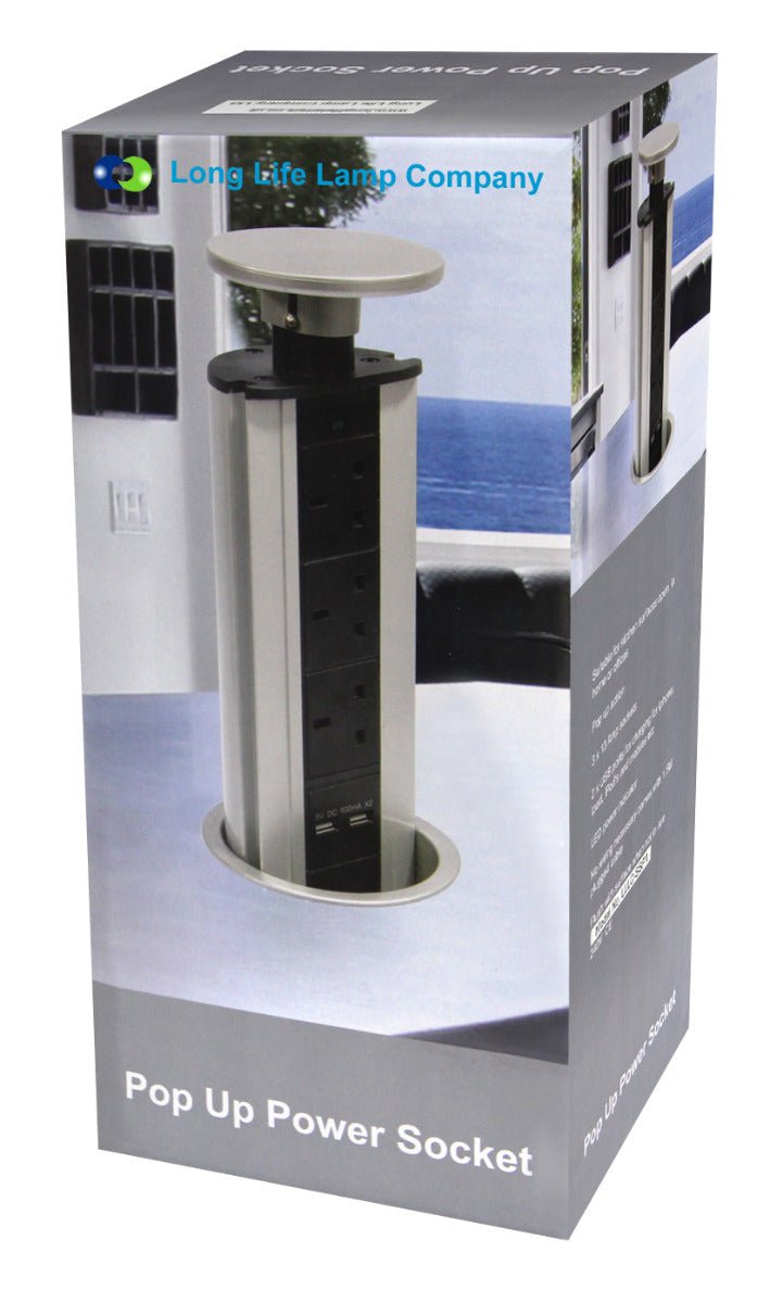 Stainless Steel Top Pop Up Socket With 2 USB Charging Port 3 Plug Sockets - Energy Light Bulbs - Free delivery on all orders