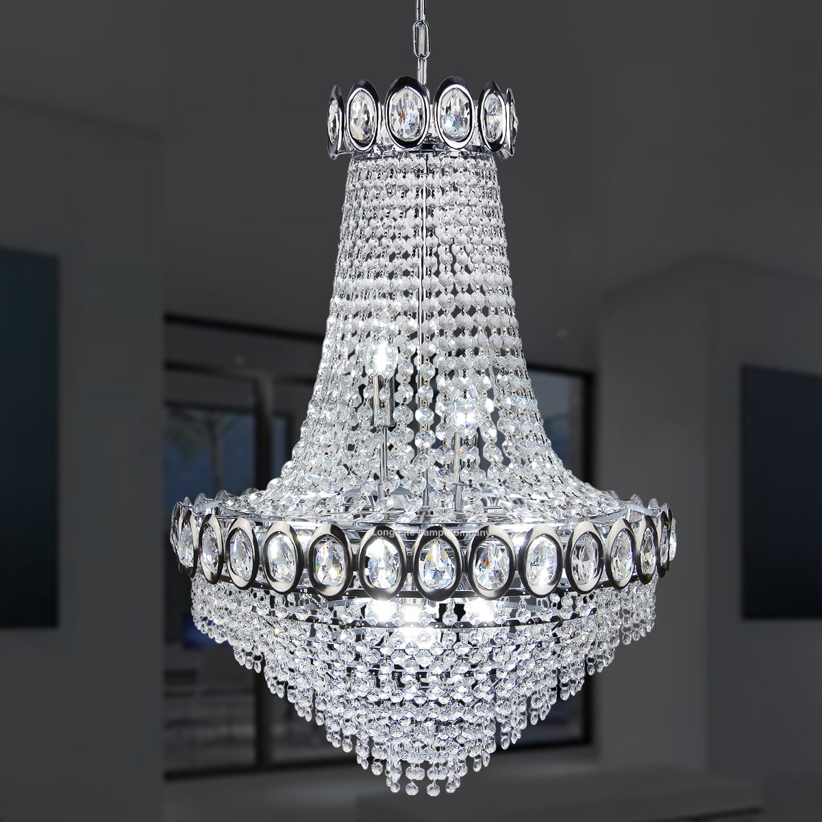 Large Ceiling Crystal Pendant Chandelier Suspended Chrome Frame Cascading Droplets H3033