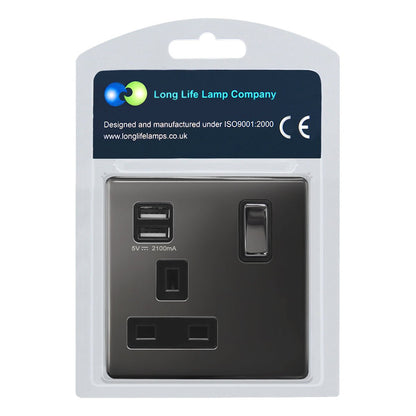 1 Gang USB Switch Socket 13A Twin Port Black Nickel Single Plug Wall Outlet N501GME - Energy Light Bulbs - Free delivery on all orders