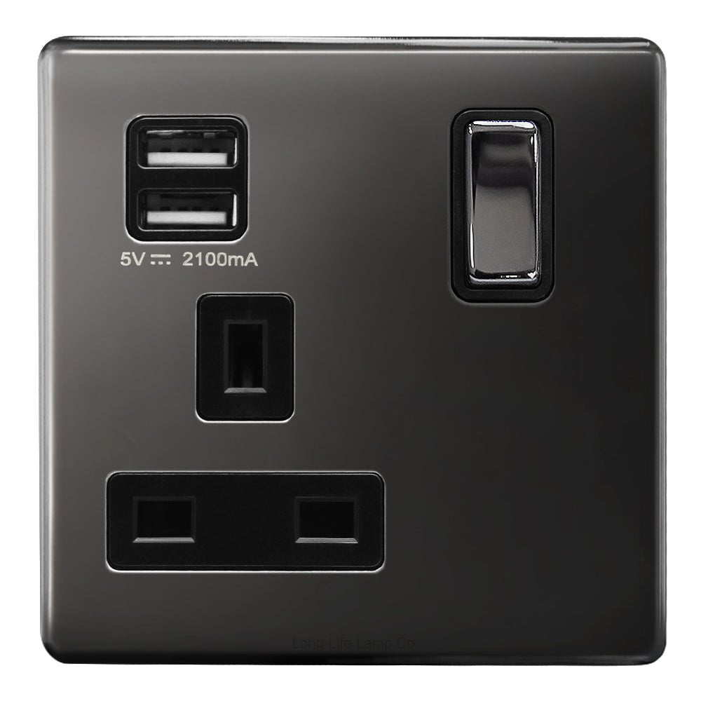 1 Gang USB Switch Socket 13A Twin Port Black Nickel Single Plug Wall Outlet N501GME - Energy Light Bulbs - Free delivery on all orders