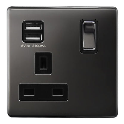 1 Gang USB Switch Socket 13A Twin Port Black Nickel Single Plug Wall Outlet N501GME - Energy Light Bulbs - Free delivery on all orders