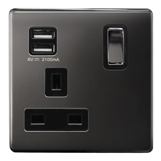 1 Gang USB Switch Socket 13A Twin Port Black Nickel Single Plug Wall Outlet N501GME - Energy Light Bulbs - Free delivery on all orders