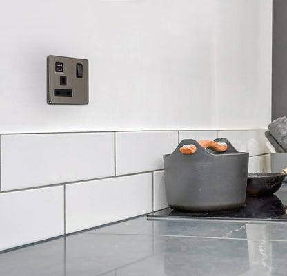1 Gang USB Switch Socket 13A Twin Port Black Nickel Single Plug Wall Outlet N501GME - Energy Light Bulbs - Free delivery on all orders