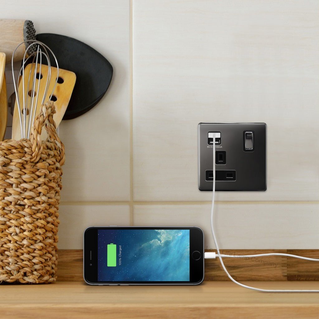 1 Gang USB Switch Socket 13A Twin Port Black Nickel Single Plug Wall Outlet N501GME - Energy Light Bulbs - Free delivery on all orders