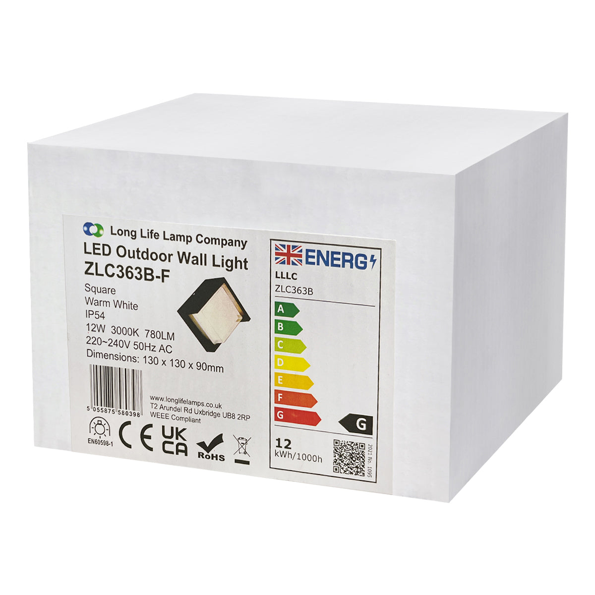 12W Outdoor Modern Square Black LED Wall Light Opal Diffuser 3000K