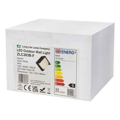 12W Outdoor Modern Square Black LED Wall Light Opal Diffuser 3000K