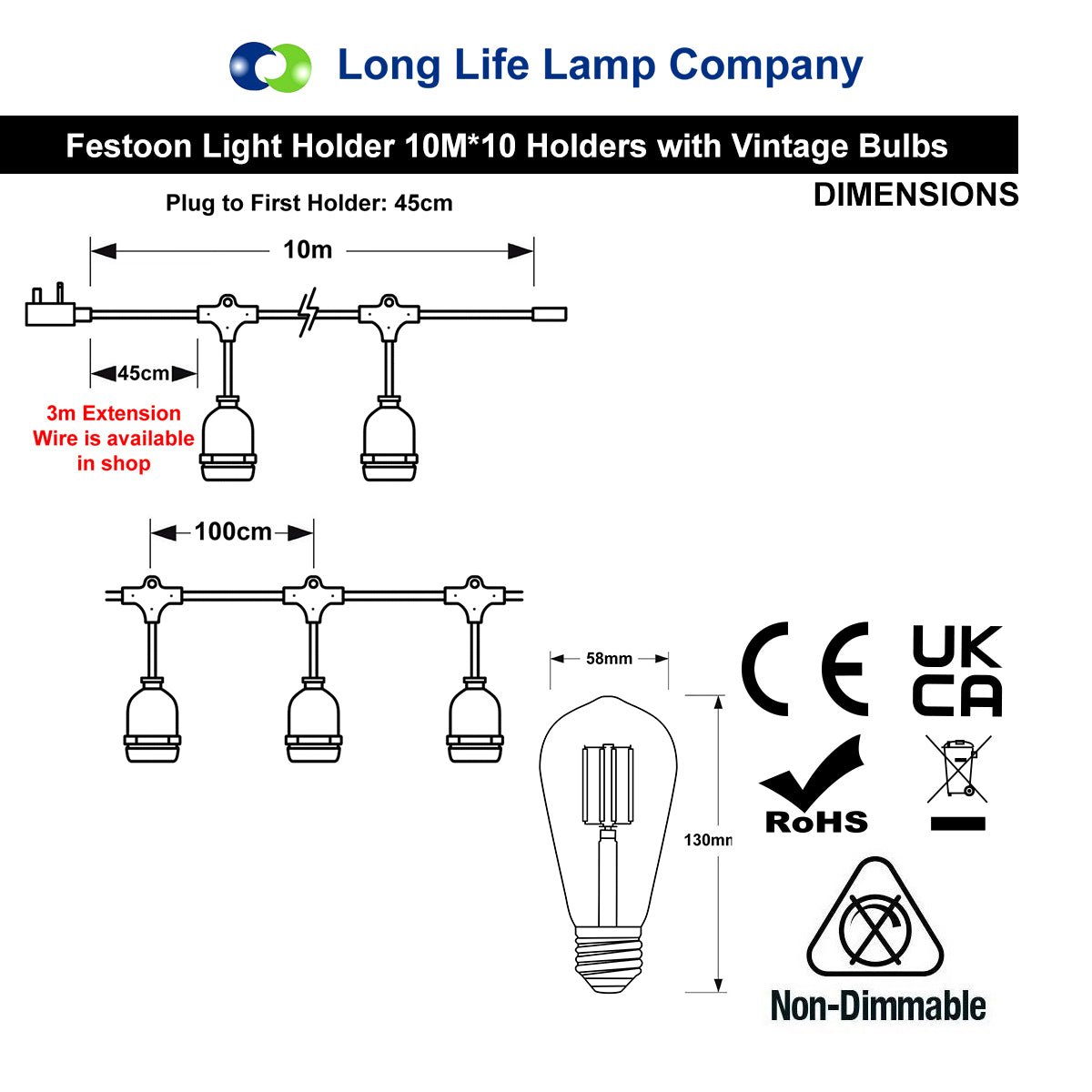 10 Bulb 10M Outdoor LED Festoon String Lights Coloured Vintage Bulbs - Free delivery on all orders
