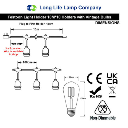 10 Bulb 10M Outdoor LED Festoon String Lights Coloured Vintage Bulbs - Free delivery on all orders