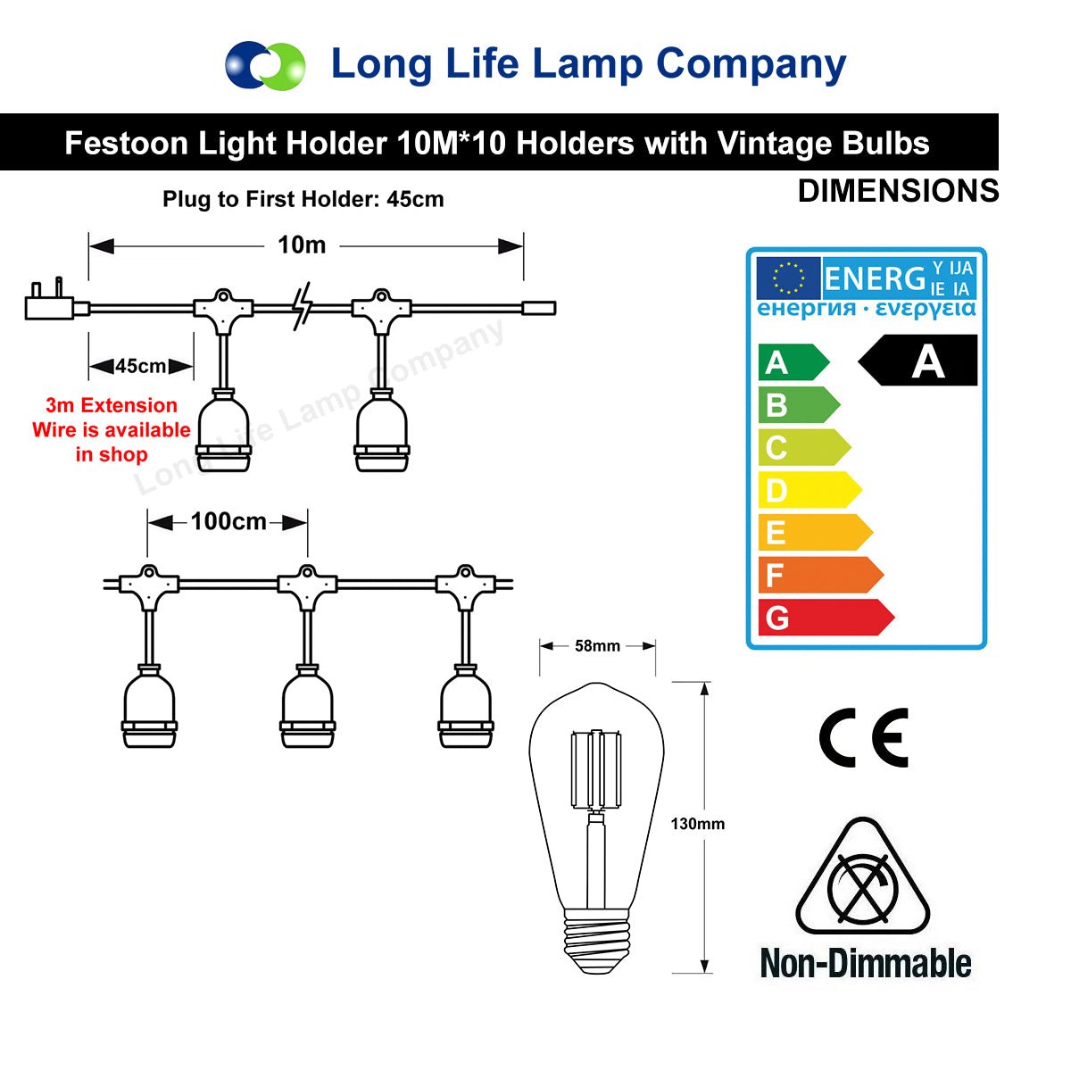 10 Bulb 10M Outdoor LED Festoon String Lights Coloured Vintage Bulbs - Energy Light Bulbs - Free delivery on all orders