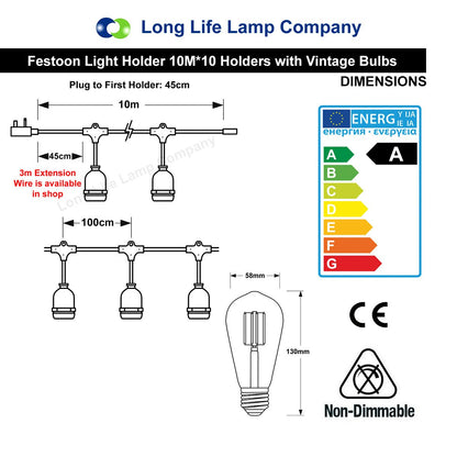 10 Bulb 10M Outdoor LED Festoon String Lights Coloured Vintage Bulbs - Energy Light Bulbs - Free delivery on all orders