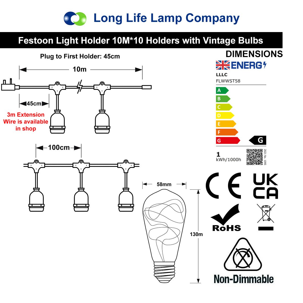 10 Bulb 10M Outdoor LED Festoon String Lights Fairy Coloured Vintage Bulbs - Free delivery on all orders